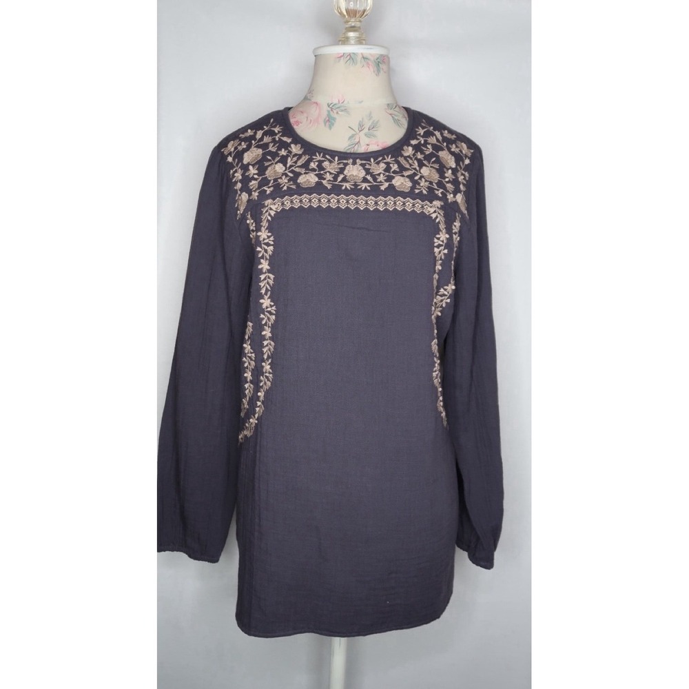 Jill Embroidered Cotton Gauze Peasant Blouse Ink NWT Women's MP Boho Cottagecore
